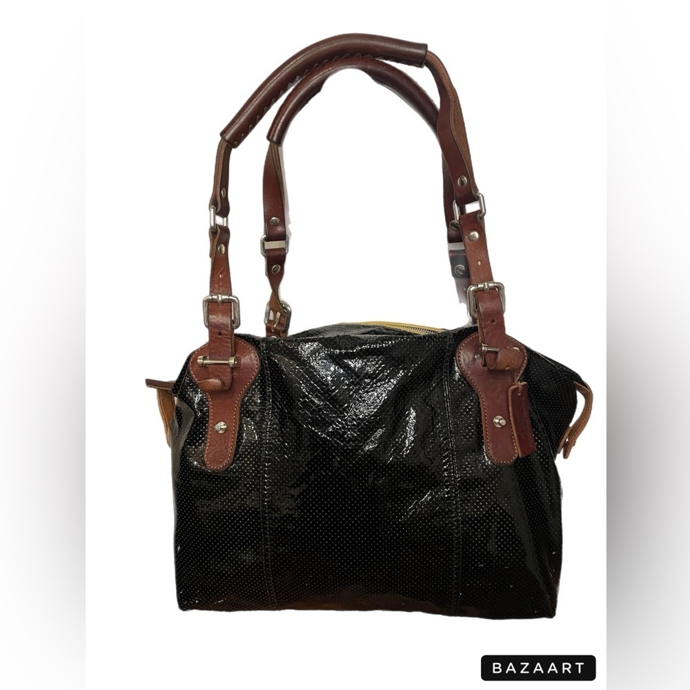 Patric Sweeney black patent leather bag with brown handles and suede interior. O